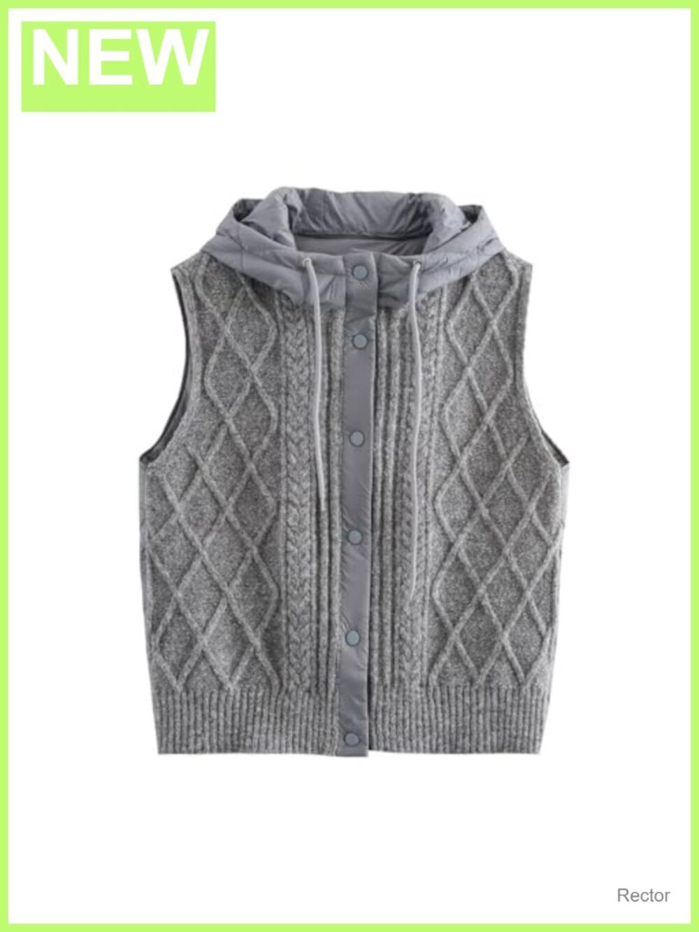 Quilted Cable Knit Hooded Vest Snap Front Sleeveless Layering Piece